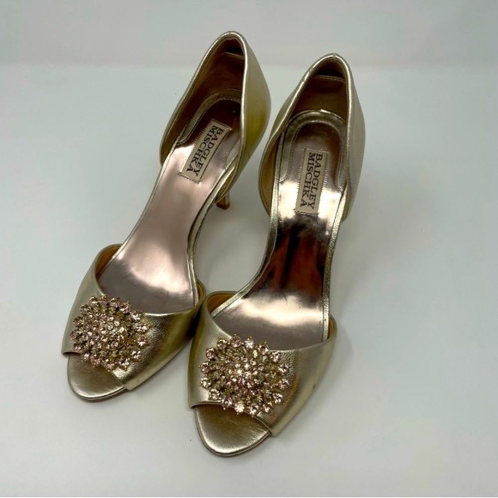 Badgley Mischka Gold Open Toe Embellished Pumps 9M